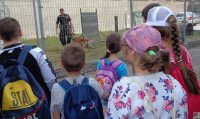 Dzieci oglądające jak pies służbowy pokonuje przeszkody
