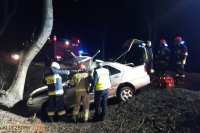 samochód w rowie stojący przodem przy drzewie, obok samochodu stoją strażacy i policjanci