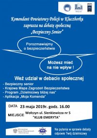 plakat informujący o terminie, miejscu i tematach debaty. Plakat koloru niebieskiego z białymi napisami.